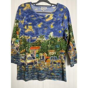 Cruise Wear and Co Novelty Island Print Sequence 3/4 Sleeve Blouse Women's XL